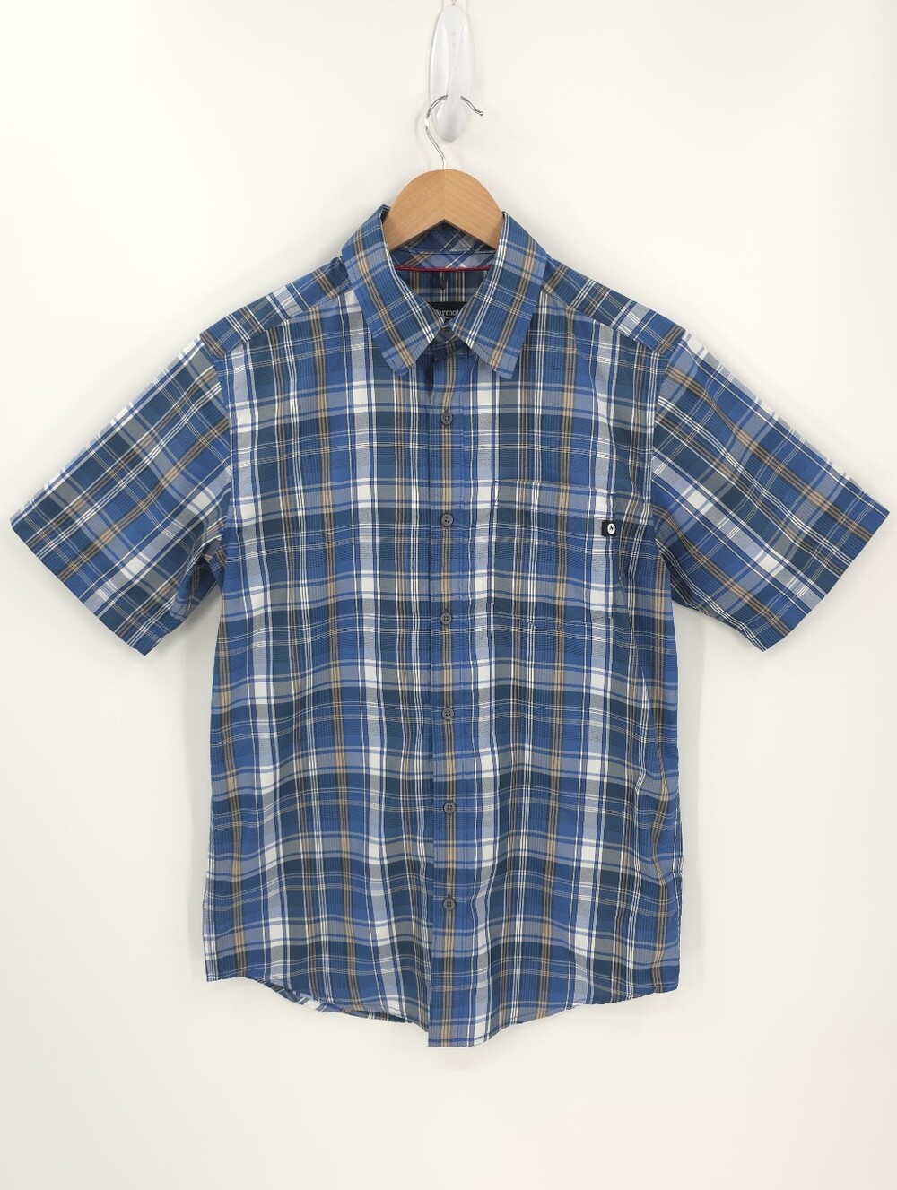 Marmot Mens Plaid Button Up Camp Shirt Short Sleeve Blue Casual Small